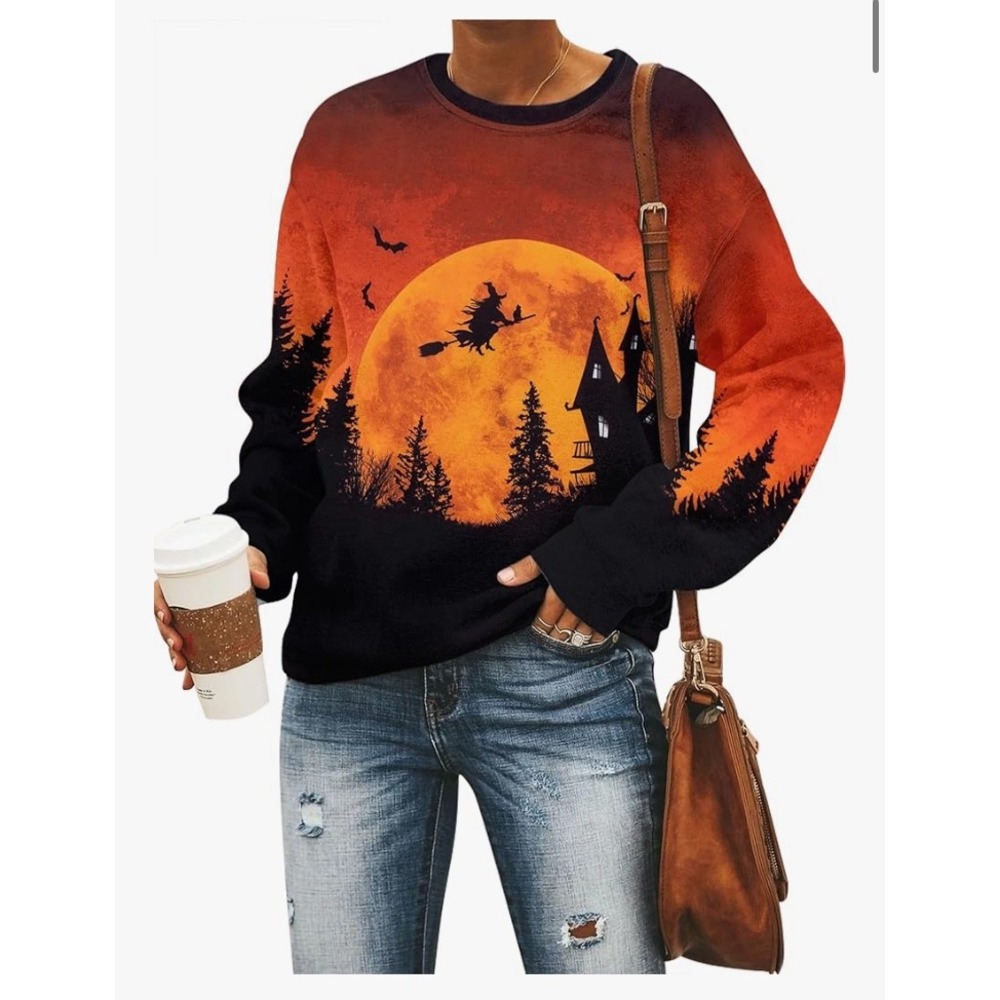 Halloween Witch‎ Moon Sweatshirt Women's Orange Fall Pullover Top